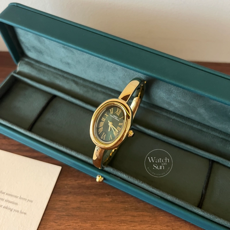 Classic Gold Oval Green Roman Numeral Bangle Watch for Women