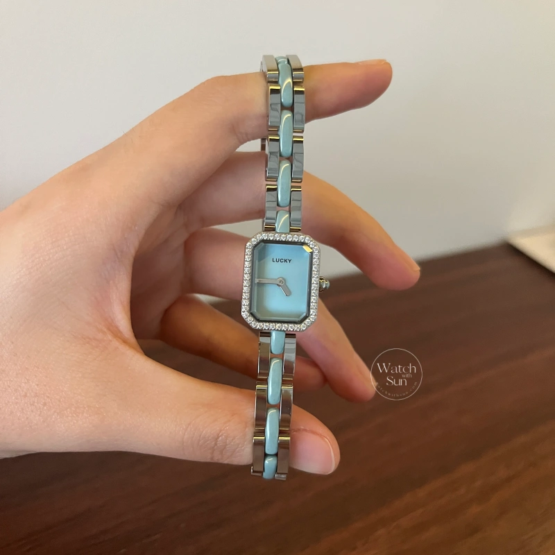 N893-6 Elegant Silver Blue Rectangular Dial Ceramic Link Bracelet Watch for Women