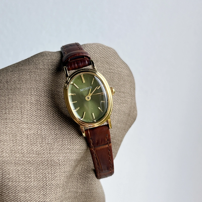 Olive Green Oval Dial Brown Leather Band Watch for Women
