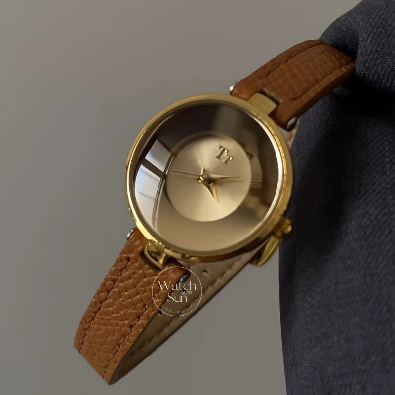 Minimalist Gold Round Dial Leather Strap Watch for Women