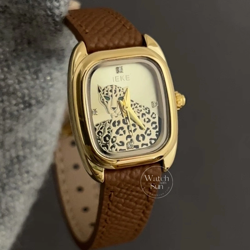 Old Money Gold Case Leopard Graphic Dial Women's Brown Leather Strap Watch