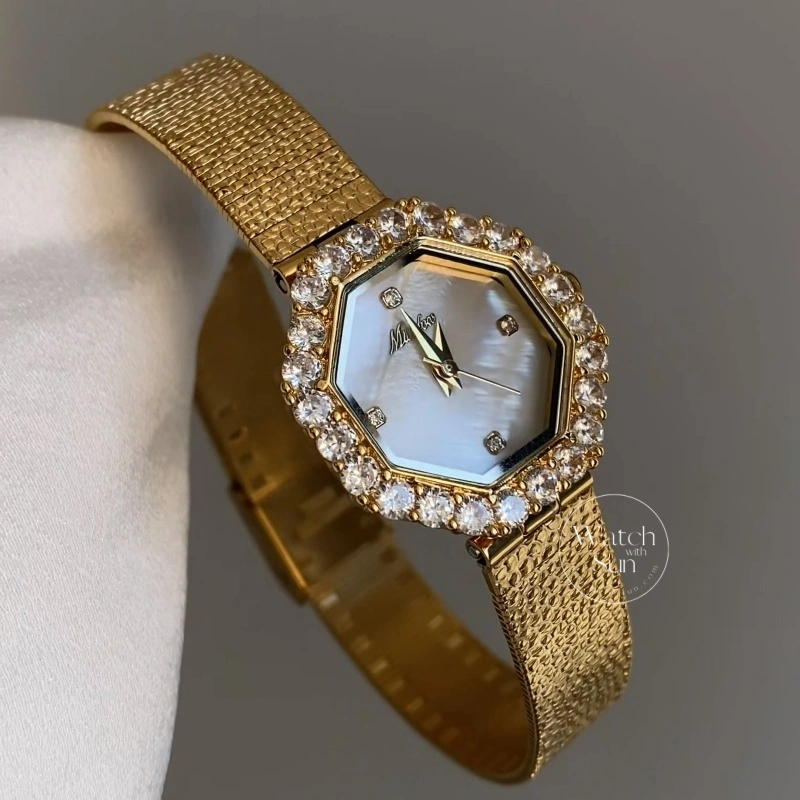 Old Money Octagonal Mother-of-Pearl Dial Luxury Women's Gold Mesh Watch