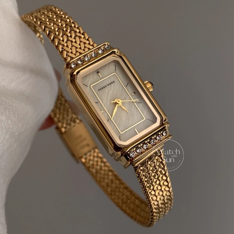 921 07-7 Old Money Rectangular Dial Gold Woven Bracelet Watch for Women