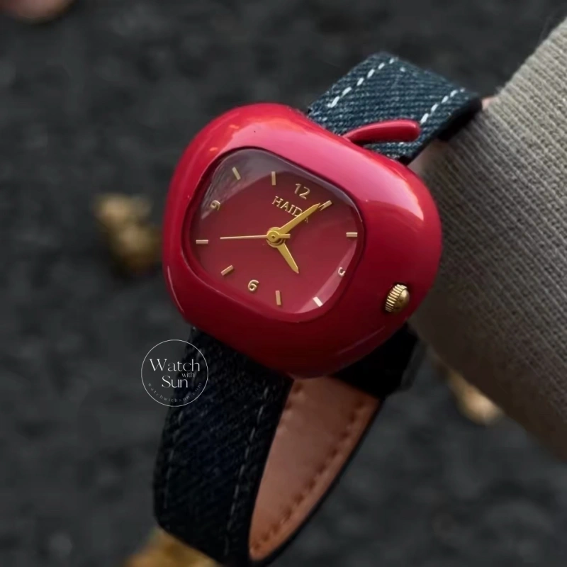 922 07-7 Retro Red Dial Apple-Shaped Case Contrast Strap Women's Watch